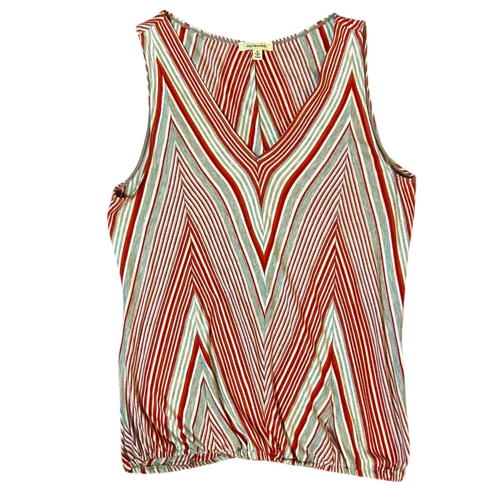 Max Studio Red & Gray Striped V-Neck Sleeveless Top S